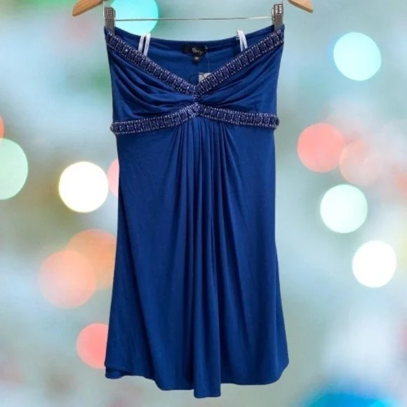 NEW Sky Women's Strapless Beaded Rhinestone Empire Waist Top Blue Medium - Picture 1 of 4